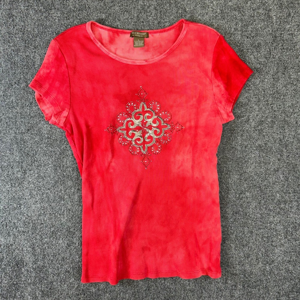 Bay Studio Khakis Red Tie Dye Ribbed Rhinestone Graphic Tee Top 11720 L